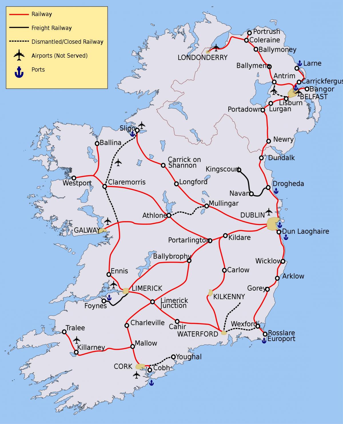 Mapa de las líneas de tren de Irlanda